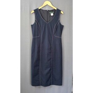 VTG Harve Benard Linen Sheath Dress Size 12 Blue Contrast Stitch Coastal Career